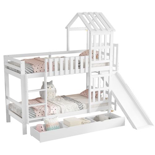 Lit Superposé 90x200 Cm - Lit Enfant Avec Espacement De 92,8 Cm - Bois Massif + Mdf - Blanc