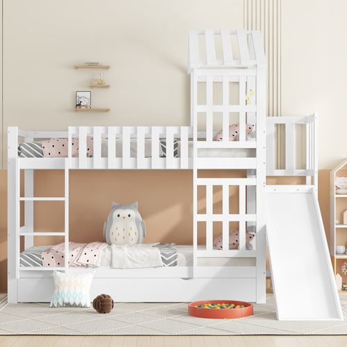 Lit Superposé 90x200 Cm - Lit Enfant Avec Espacement De 92,8 Cm - Bois Massif + Mdf - Blanc