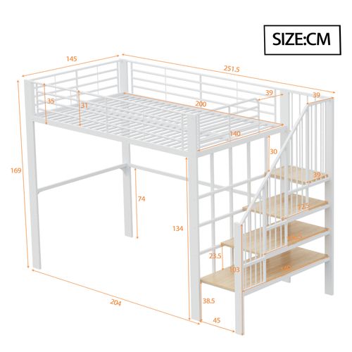 Lit Mezzanine Double 140x200 Cm - Rangement Et Escalier, Structure Métallique Robuste - Blanc