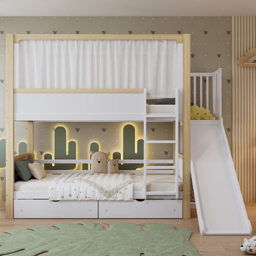 Lit Superposé 90x200 Cm Cabane Enfant Avec Toboggan Et Rideaux De Jeu, Pin + Mdf, Blanc/naturel