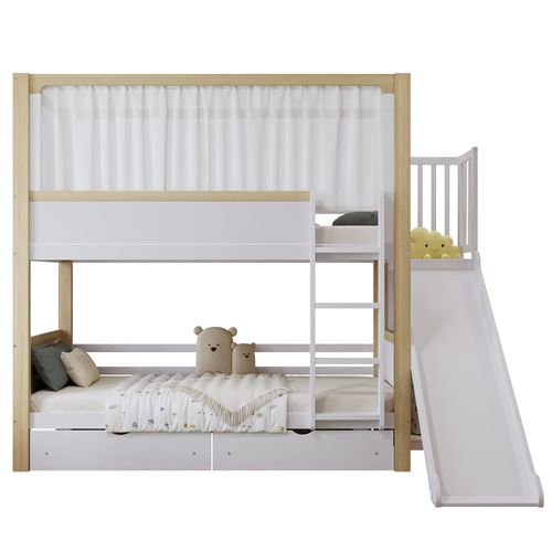 Lit Superposé 90x200 Cm Cabane Enfant Avec Toboggan Et Rideaux De Jeu, Pin + Mdf, Blanc/naturel
