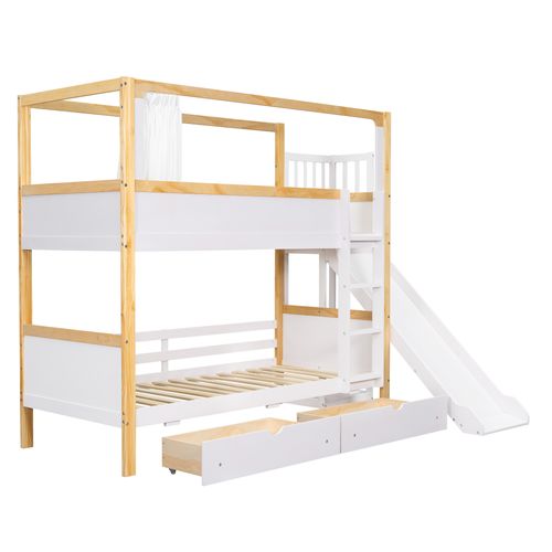 Lit Superposé 90x200 Cm Cabane Enfant Avec Toboggan Et Rideaux De Jeu, Pin + Mdf, Blanc/naturel