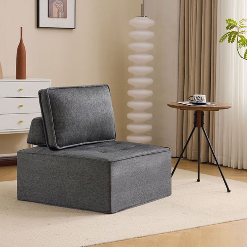 Fauteuil 1 Place Fixe Moelleux Avec Dossier Confortable, Contreplaqué Et Tissu Lin, Gris Foncé