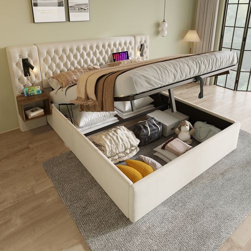 Lit Coffre 180x200 - Lit Capitonné Double, Rangement Hydraulique Et Tables De Chevet, Velours Beige