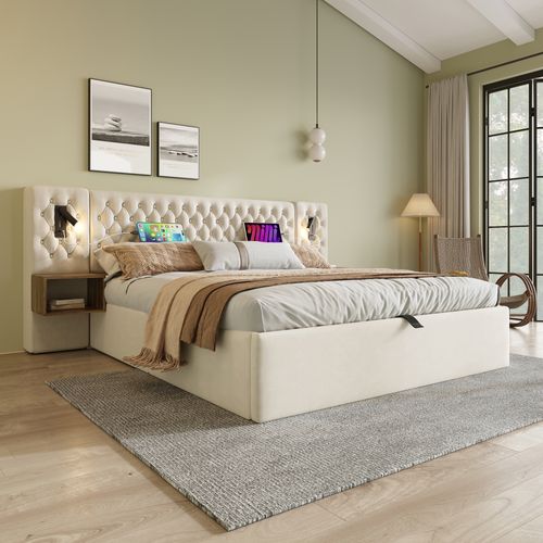 Lit Coffre 180x200 - Lit Capitonné Double, Rangement Hydraulique Et Tables De Chevet, Velours Beige