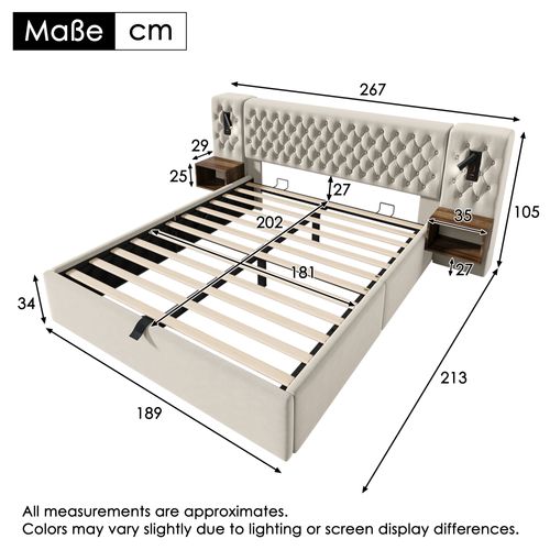Lit Coffre 180x200 - Lit Capitonné Double, Rangement Hydraulique Et Tables De Chevet, Velours Beige