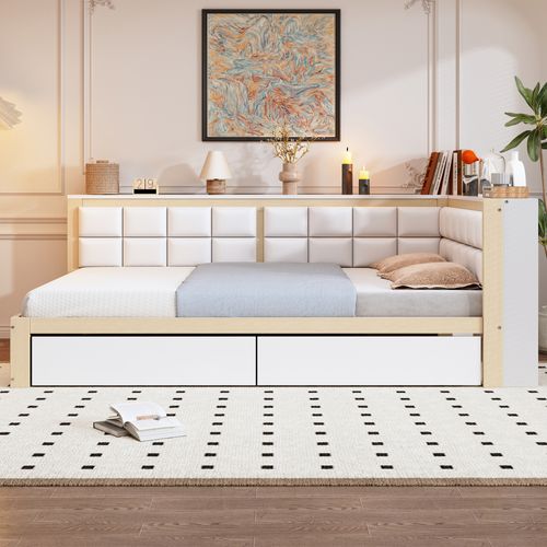 Lit Banquette 140x200 Cm Double Avec Rangement Et Dossier Doux, Idéal Appartements, Pin, Bois