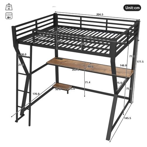 Lit Mezzanine 140×200 Cm Avec Bureau, Prises USB Et LED, Escalier Sécurisé, Métal Et Mdf, Noir