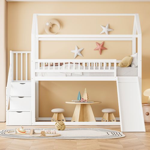 Lit Superposé 90x200 Cm Enfant Avec Toboggan, Échelle Rangement, Tiroirs, Bois Et Mdf, Blanc