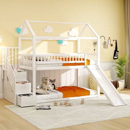 Lit Superposé 90x200 Cm Enfant Avec Toboggan, Échelle Rangement, Tiroirs, Bois Et Mdf, Blanc