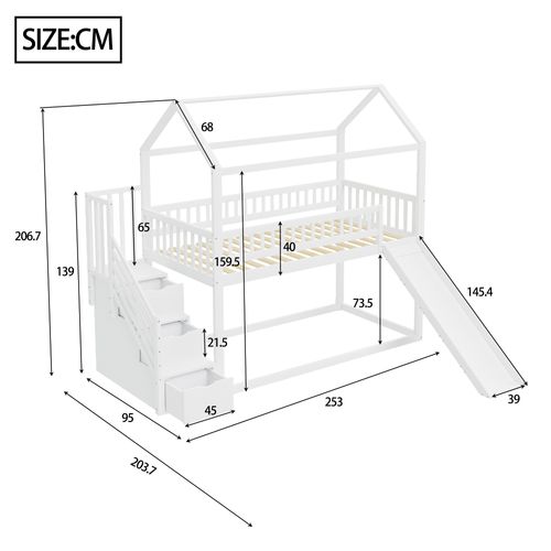 Lit Superposé 90x200 Cm Enfant Avec Toboggan, Échelle Rangement, Tiroirs, Bois Et Mdf, Blanc