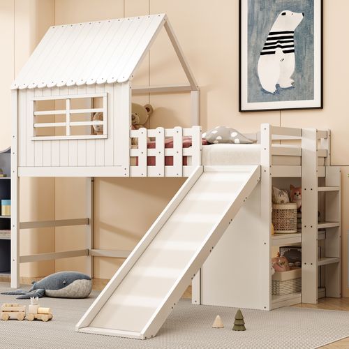 Lit Mezzanine 90x200 Cm - Lit Enfant Avec Rangement, Échelle Et Toboggan, Bois Blanc