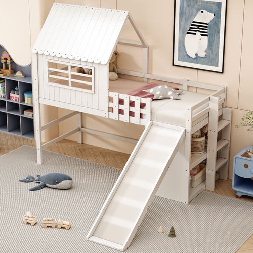 Lit Mezzanine 90x200 Cm - Lit Enfant Avec Rangement, Échelle Et Toboggan, Bois Blanc