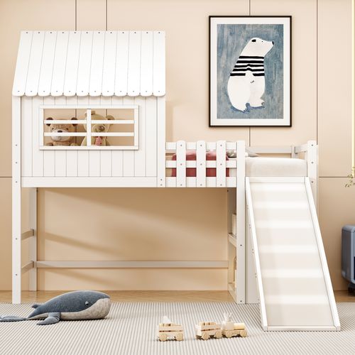 Lit Mezzanine 90x200 Cm - Lit Enfant Avec Rangement, Échelle Et Toboggan, Bois Blanc