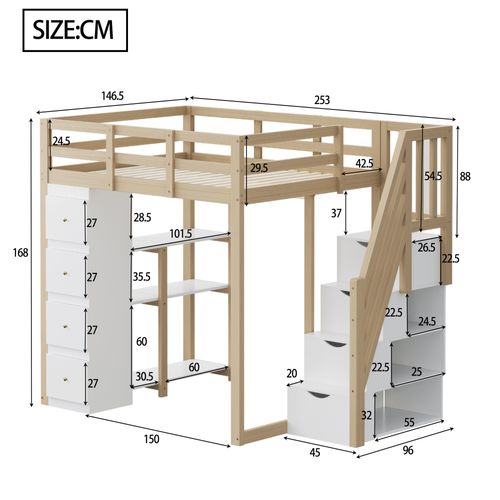 Lit Mezzanine 140×200 Cm Ado Avec Commode, Tiroirs Et Étagères, Échelle Antidérapante, Naturel