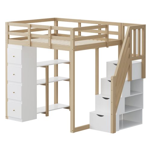 Lit Mezzanine 140×200 Cm Ado Avec Commode, Tiroirs Et Étagères, Échelle Antidérapante, Naturel
