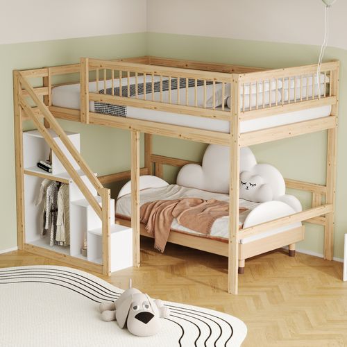 Lit Superposé 140×200 Cm – Lit Double Enfant En Bois Avec Escalier Sécurisé Et Barrières – Blanc