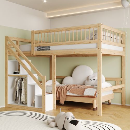 Lit Superposé 140×200 Cm – Lit Double Enfant En Bois Avec Escalier Sécurisé Et Barrières – Blanc