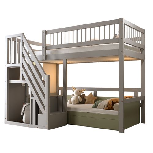 Lit Superposé 90x200 Cm - Lit Enfant Avec Échelle Et Rangement Intégré, Structure En Bois - Gris