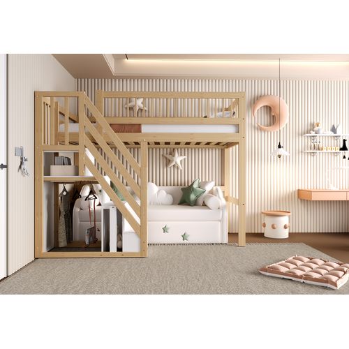 Lit Superposé Enfant 90×200 Cm Avec Escalier Sécurisé Et Tiroirs De Rangement, Bois , Naturel