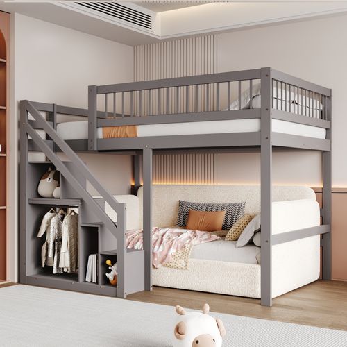 Lit Mezzanine 140x200 Cm - Lit Enfant Avec Armoire De Rangement - Bois + Mdf - Gris