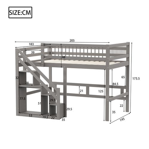 Lit Mezzanine 140x200 Cm - Lit Enfant Avec Armoire De Rangement - Bois + Mdf - Gris