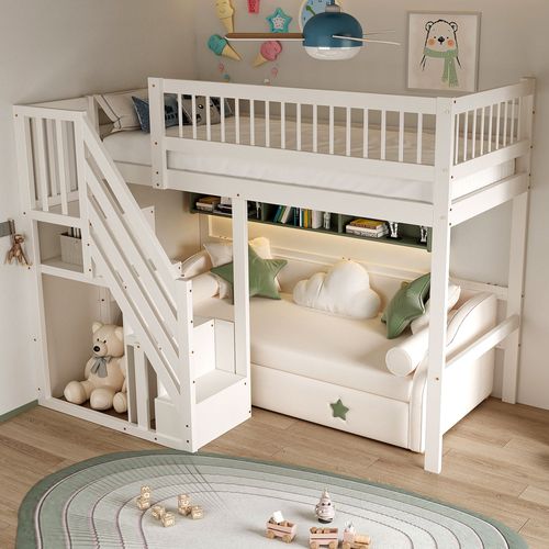 Lit Superposé Enfant 90×200 Cm Avec Escalier Sécurisé Et Tiroirs De Rangement, Bois , Blanc