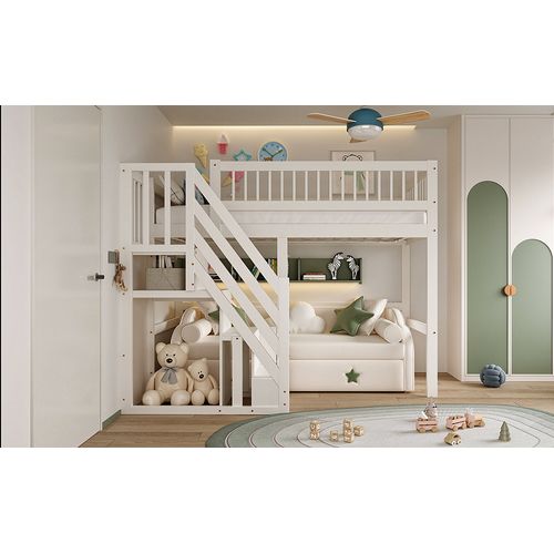 Lit Superposé Enfant 90×200 Cm Avec Escalier Sécurisé Et Tiroirs De Rangement, Bois , Blanc