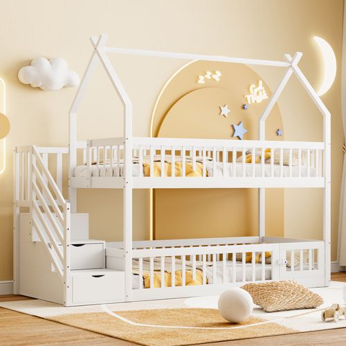 Lit Superposé 90x200 Cm Enfant Avec Rangement, Toit, Échelle Sécurité Et Garde-corps, Bois, Blanc
