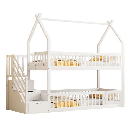 Lit Superposé 90x200 Cm Enfant Avec Rangement, Toit, Échelle Sécurité Et Garde-corps, Bois, Blanc