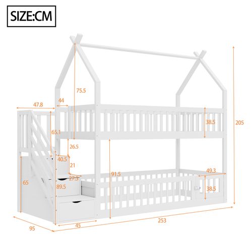 Lit Superposé 90x200 Cm Enfant Avec Rangement, Toit, Échelle Sécurité Et Garde-corps, Bois, Blanc