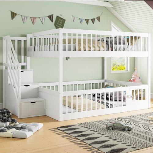 Lit Superposé 140x200 Cm Enfant Avec Rangement, Échelle, Garde-corps Sécurité, Bois, Blanc