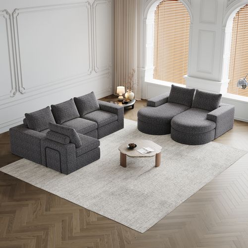 Canapé Modulable 2 Pièces L-shape 6 Places, Méridienne, Mousse, Sans Montage, Chenille Gris