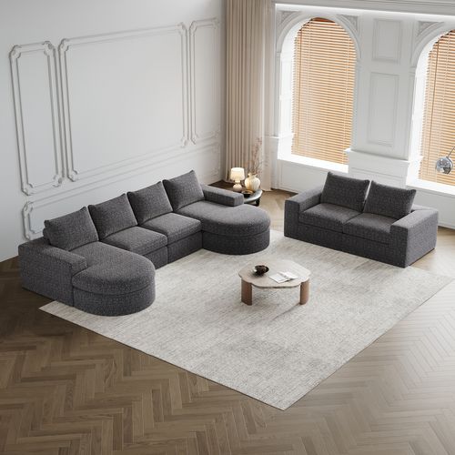 Canapé Modulable 2 Pièces L-shape 6 Places, Méridienne, Mousse, Sans Montage, Chenille Gris