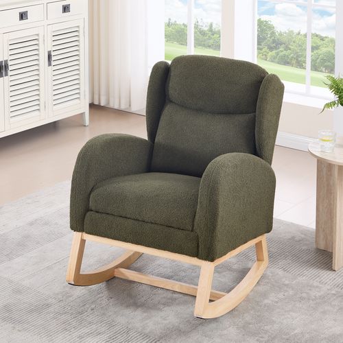 Fauteuil à Bascule De Salon Avec Repose-pieds Réglable Et Haut Dossier, Tissu Teddy, Vert