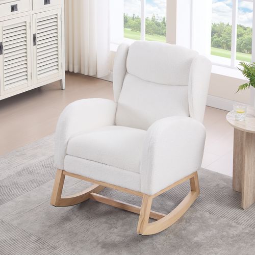Fauteuil à Bascule De Salon Avec Repose-pieds Réglable Et Haut Dossier, Tissu Teddy, Blanc
