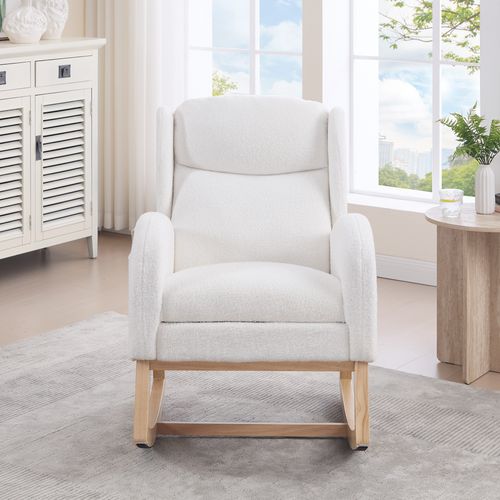 Fauteuil à Bascule De Salon Avec Repose-pieds Réglable Et Haut Dossier, Tissu Teddy, Blanc