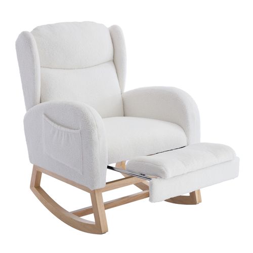 Fauteuil à Bascule De Salon Avec Repose-pieds Réglable Et Haut Dossier, Tissu Teddy, Blanc