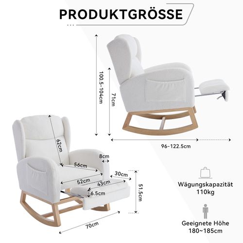 Fauteuil à Bascule De Salon Avec Repose-pieds Réglable Et Haut Dossier, Tissu Teddy, Blanc