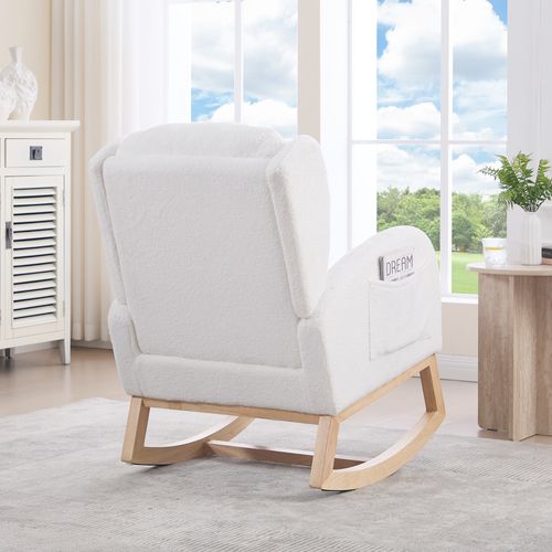 Fauteuil à Bascule De Salon Avec Repose-pieds Réglable Et Haut Dossier, Tissu Teddy, Blanc