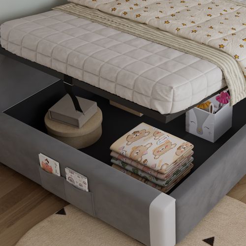 Lit Coffre 90×200 Cm Avec Rangement Hydraulique Droit, Coffre Intégré, Velours, Blanc/gris