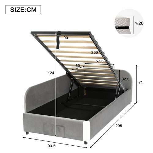 Lit Coffre 90×200 Cm Avec Rangement Hydraulique Droit, Coffre Intégré, Velours, Blanc/gris