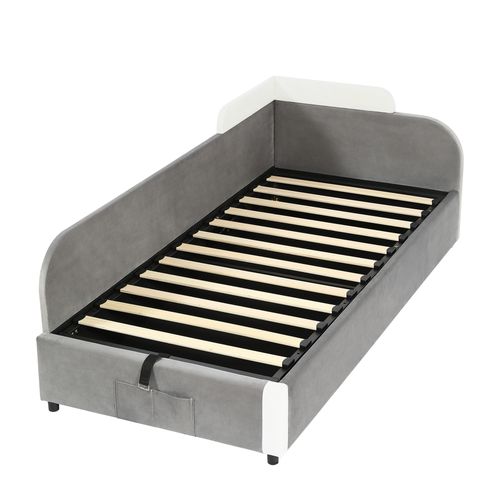 Lit Coffre 90×200 Cm Avec Rangement Hydraulique Droit, Coffre Intégré, Velours, Blanc/gris