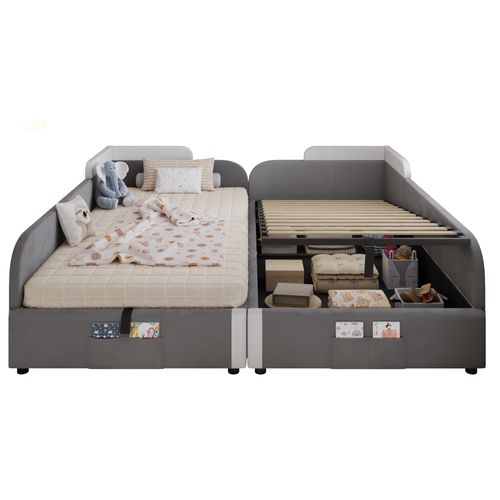 2 Lits Coffres 90×200 Cm Avec Rangement Hydraulique Droit, Coffre Intégré, Velours, Blanc/gris