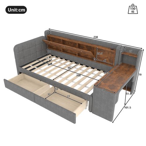 Lit Banquette 90x200 Cm Avec 2 Tiroirs, Table Latérale, USB, Rangement, Lin Mdf Gris
