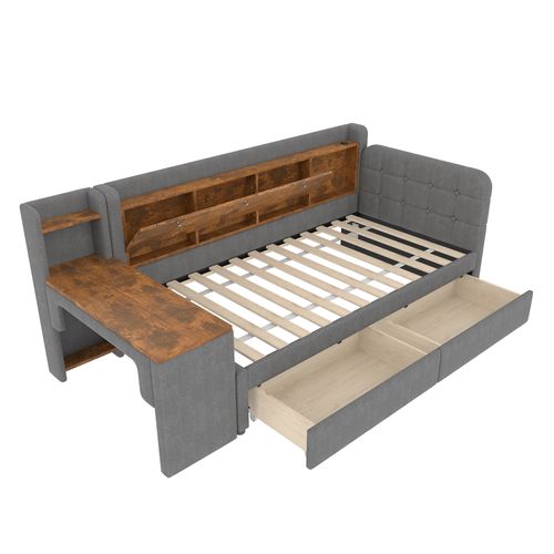 Lit Banquette 90x200 Cm Avec 2 Tiroirs, Table Latérale, USB, Rangement, Lin Mdf Gris