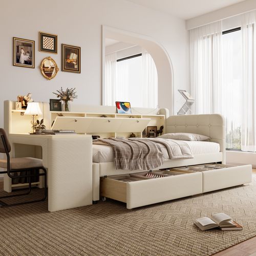 Lit Banquette 90x200 Cm Avec 2 Tiroirs, Table Latérale, USB, Rangement, Lin Beige Et Mdf