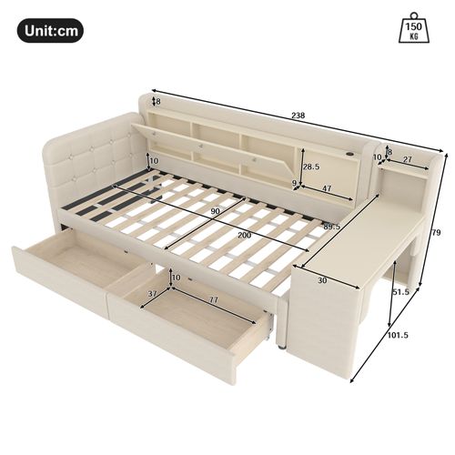Lit Banquette 90x200 Cm Avec 2 Tiroirs, Table Latérale, USB, Rangement, Lin Beige Et Mdf