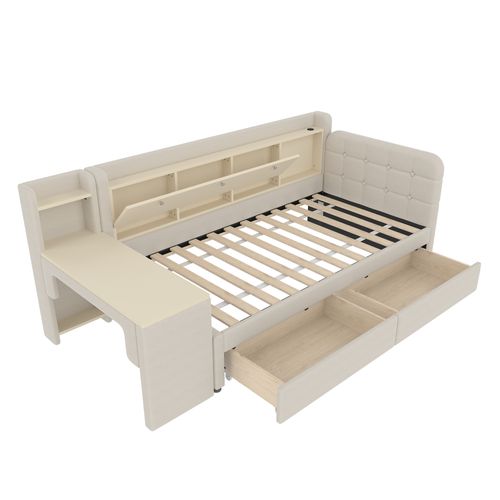 Lit Banquette 90x200 Cm Avec 2 Tiroirs, Table Latérale, USB, Rangement, Lin Beige Et Mdf