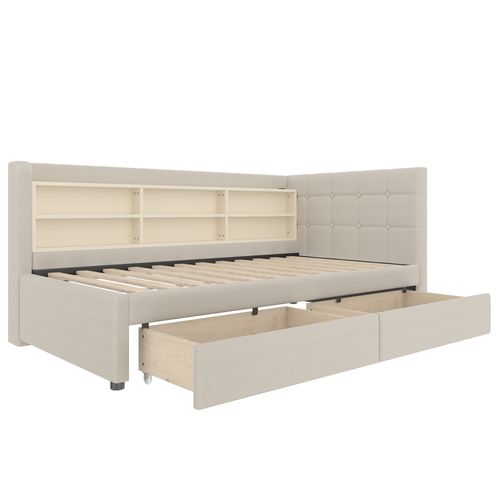 Lit Banquette 90 X 200 Cm - Avec 2 Tiroirs, Ports USB Et Rangement - Lin Beige